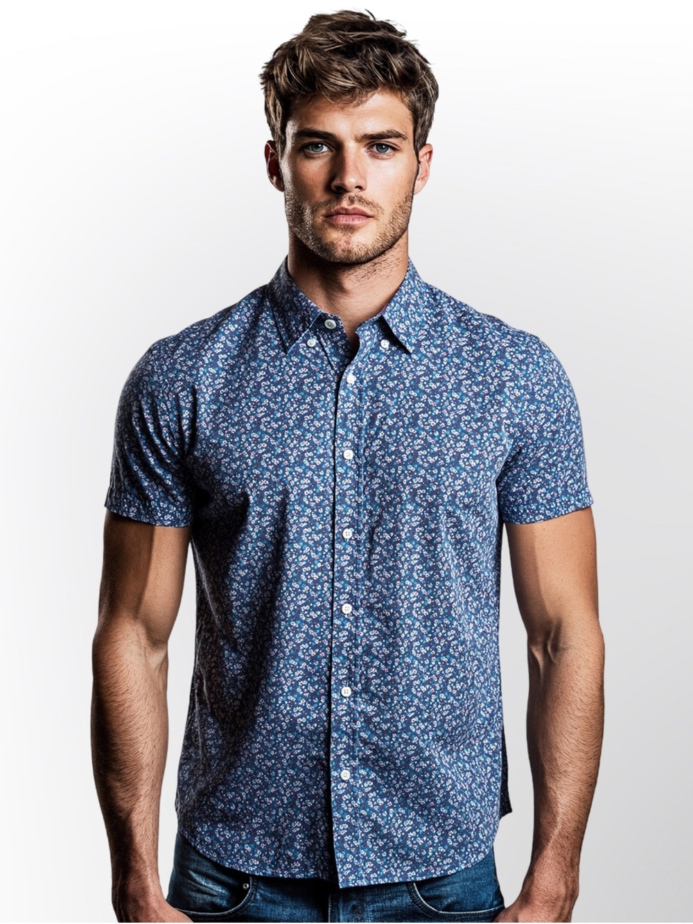 Ben Sherman Blue Floral Print Short Sleeve Button Down Shirt - Size Medium